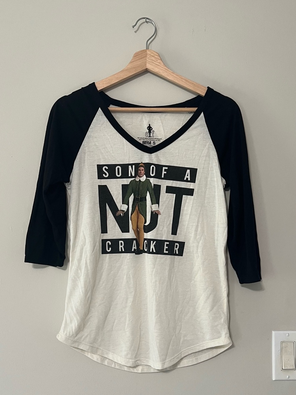 Baseball Sleeve Elf 'Son of a Nut Cracker' Graphic Top - Black & White